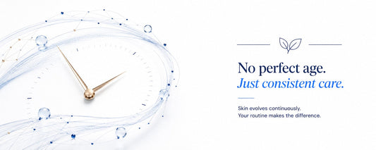 Minimal luxury-clinical banner with an abstract time-inspired graphic and the message "No perfect age. Just consistent care." illustrating that healthy-looking skin is supported through consistent skincare rather than starting at a specific age.