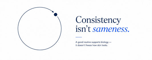 Minimalist B.LAB USA skincare banner illustrating how a consistent skincare routine supports skin biology without creating a fixed appearance, with a simple circular rhythm graphic and clean navy-on-white design.