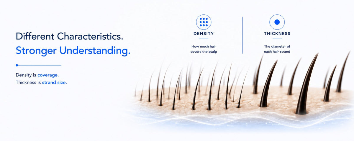 B.LAB biology-first banner illustrating the difference between hair density and hair thickness with a clean scalp visualization, highlighting scalp coverage versus individual strand diameter on a white background with brand blue accents. 