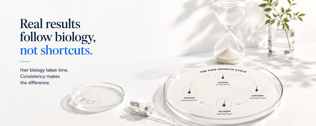 Luxury-clinical illustration of an hourglass and the hair growth cycle, highlighting that consistent scalp care aligns with the natural biological timing of hair follicles.