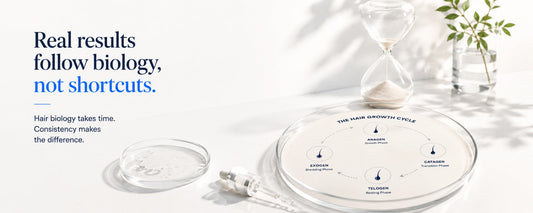Luxury-clinical illustration of an hourglass and the hair growth cycle, highlighting that consistent scalp care aligns with the natural biological timing of hair follicles.