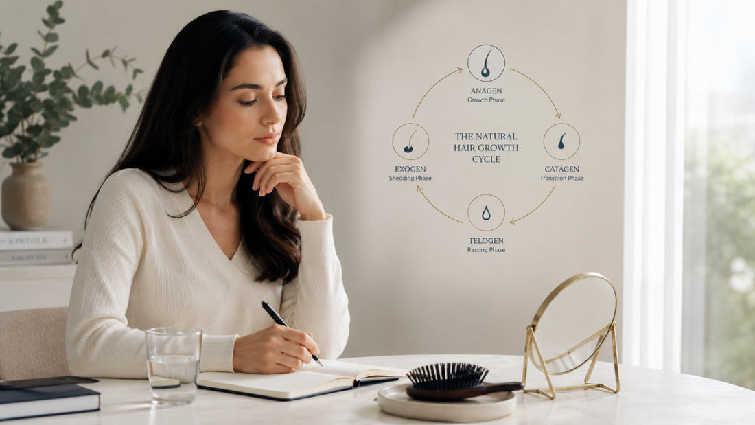 Person thoughtfully following a consistent hair care routine in a softly lit, luxury-clinical setting beside a simple illustration of the natural hair growth cycle, representing the gradual pace of hair biology. 