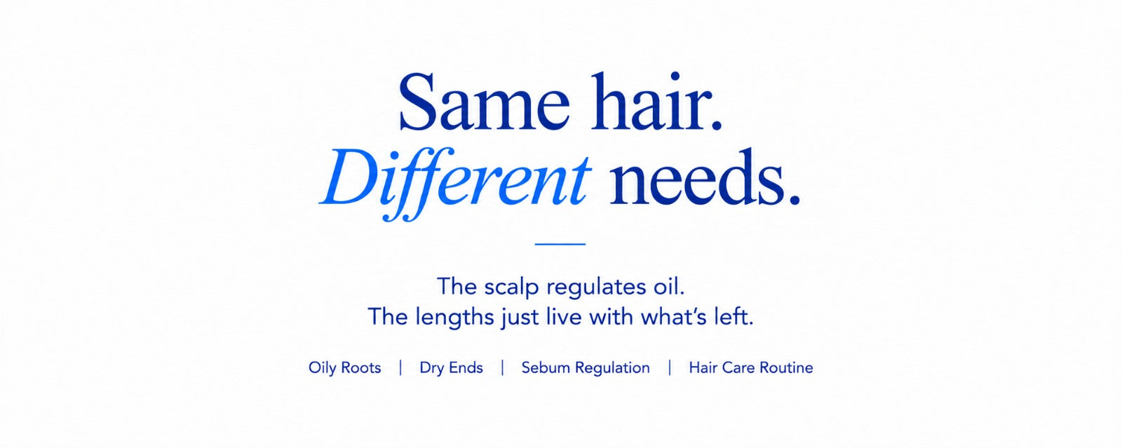 Minimalist B.LAB USA hair care banner explaining why oily roots and dry ends can occur together, highlighting sebum regulation and the different needs of the scalp and hair lengths.