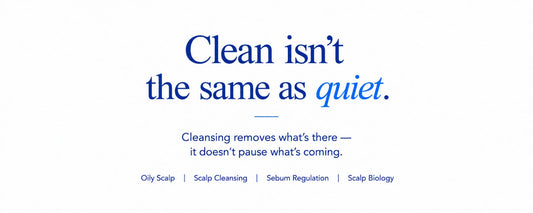 Minimalist B.LAB USA skincare banner explaining why an oily scalp can return after washing, highlighting scalp cleansing, ongoing sebum regulation, and normal scalp biology.