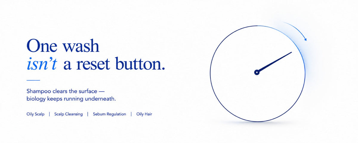 Minimalist B.LAB USA banner illustrating why an oily scalp can return the day after washing, emphasizing scalp cleansing, ongoing sebum regulation, and scalp biology.