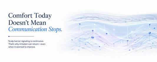 Minimal B.LAB banner illustrating continuous scalp barrier signaling with abstract blue biological communication graphics, emphasizing that recurring scalp irritation is part of the scalp's ongoing biological communication. 