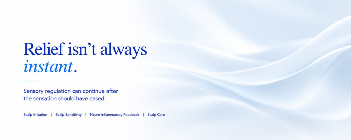Minimalist B.LAB USA scalp care banner explaining why scalp irritation may persist after soothing care, highlighting scalp sensitivity, sensory regulation, and neuro-inflammatory feedback.
