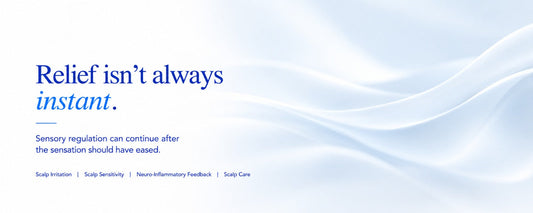 Minimalist B.LAB USA scalp care banner explaining why scalp irritation may persist after soothing care, highlighting scalp sensitivity, sensory regulation, and neuro-inflammatory feedback.
