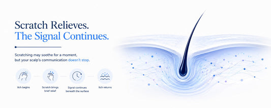 Minimal B.LAB biology-first banner illustrating a scalp cross-section with a hair follicle and blue biological signaling beneath the scalp, highlighting that scratching provides only temporary relief while scalp barrier signaling continues. 