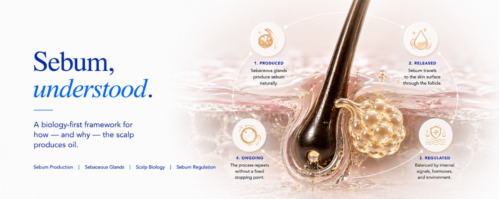 B.LAB USA scalp care banner illustrating sebum production through a hair follicle and sebaceous gland, showing how sebum is produced, released, regulated, and continuously renewed as part of normal scalp biology.