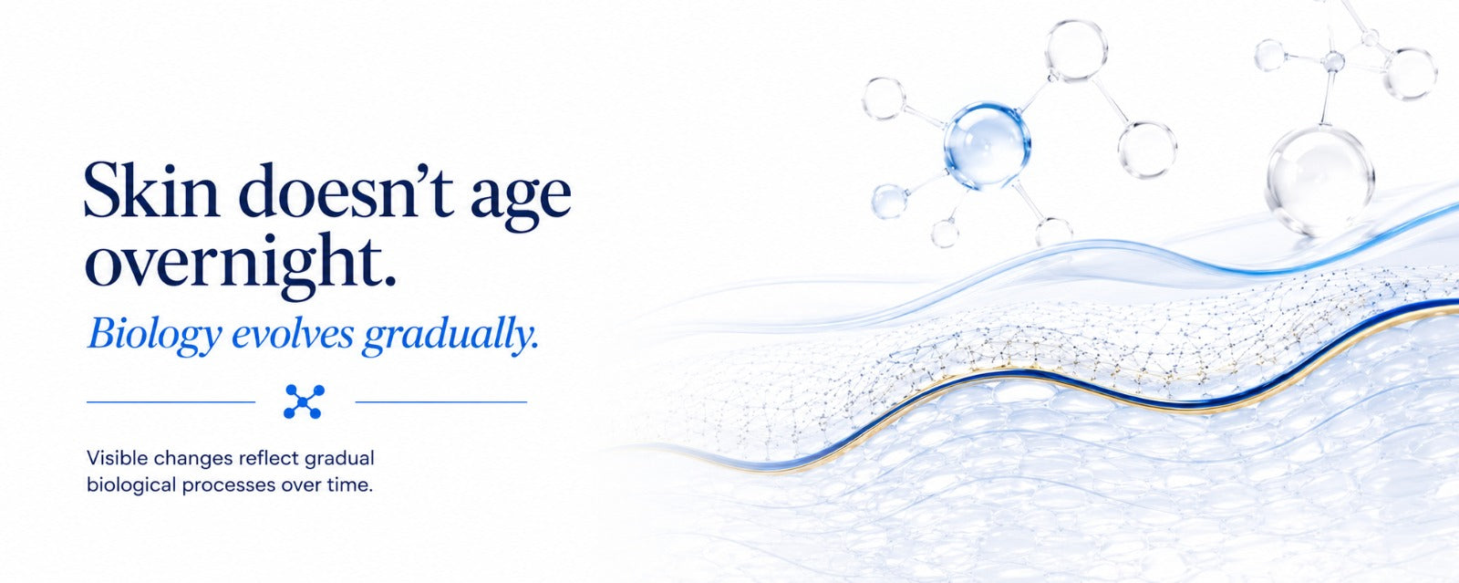 Minimal luxury-clinical illustration showing gradual skin aging through layered skin biology and molecular structures with the message “Skin doesn’t age overnight. Biology evolves gradually.”