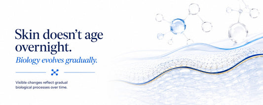 Minimal luxury-clinical illustration showing gradual skin aging through layered skin biology and molecular structures with the message “Skin doesn’t age overnight. Biology evolves gradually.”
