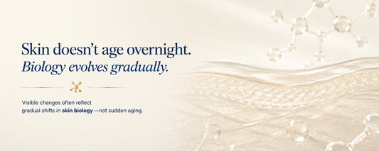 Minimal luxury-clinical banner illustrating the dermal-epidermal junction (DEJ) with abstract skin layers and molecular structures, emphasizing that visible skin aging develops gradually through changes in skin biology rather than overnight.