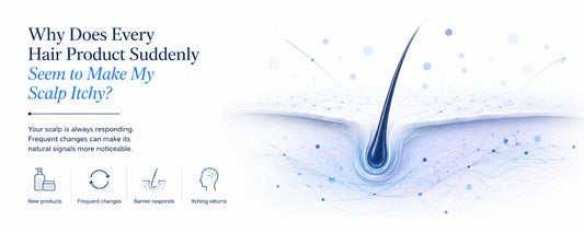 Minimal B.LAB banner showing an abstract scalp barrier communication graphic with a hair follicle, illustrating how frequent hair product changes can make the scalp's natural biological signaling more noticeable. 