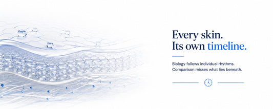Minimal clinical illustration showing layered skin architecture with the message "Every skin. Its own timeline." highlighting that visible skin aging follows an individual biological timeline rather than direct comparison with others.