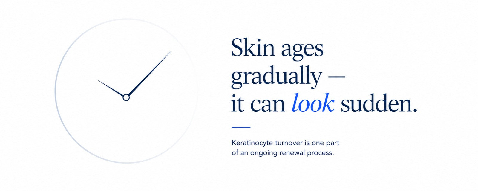Minimalist B.LAB USA skincare banner showing a subtle clock motif and the message “Skin ages gradually — it can look sudden,” illustrating keratinocyte turnover and the ongoing skin renewal process.