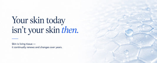 Minimalist B.LAB USA biology-first skincare banner illustrating how skin changes over time through continuous skin renewal and biological processes, with a soft cellular skin texture and water droplets.