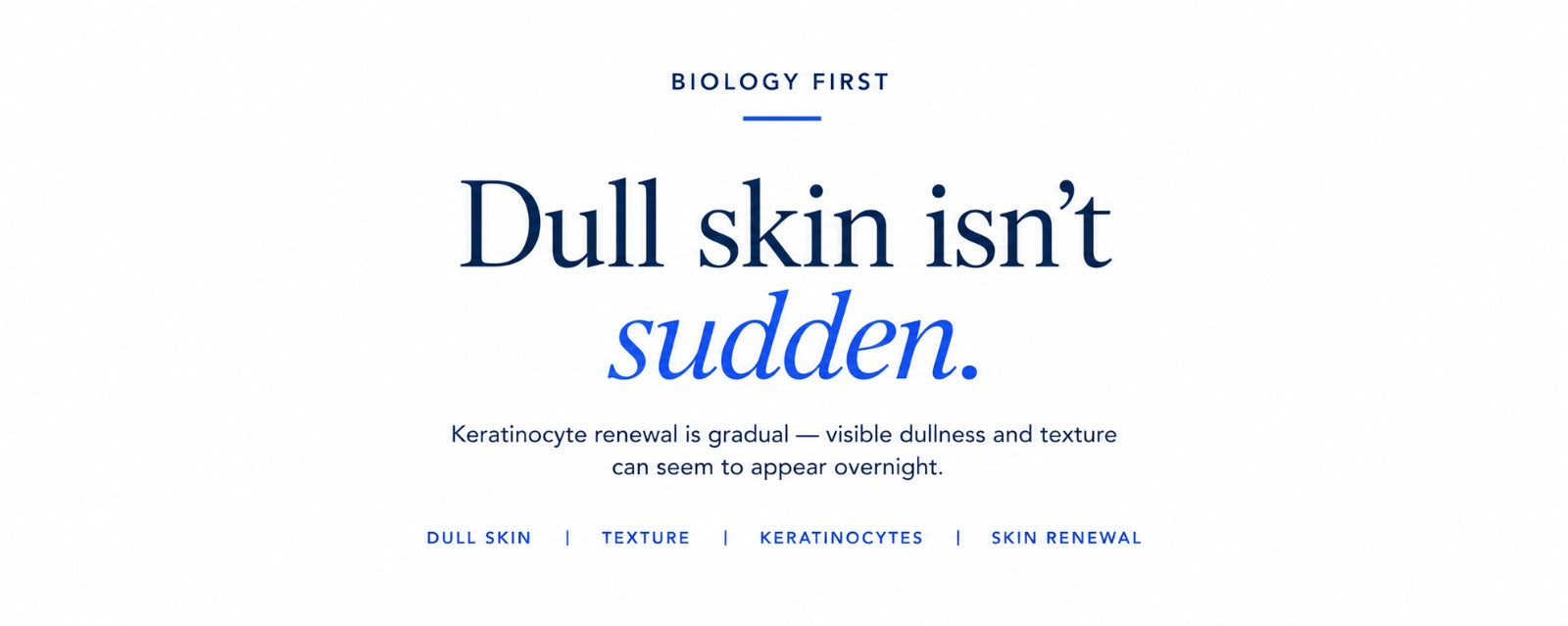 B.LAB biology-first skincare banner explaining why skin can suddenly look dull or textured, highlighting gradual keratinocyte turnover, skin cell renewal, and changes in skin texture.