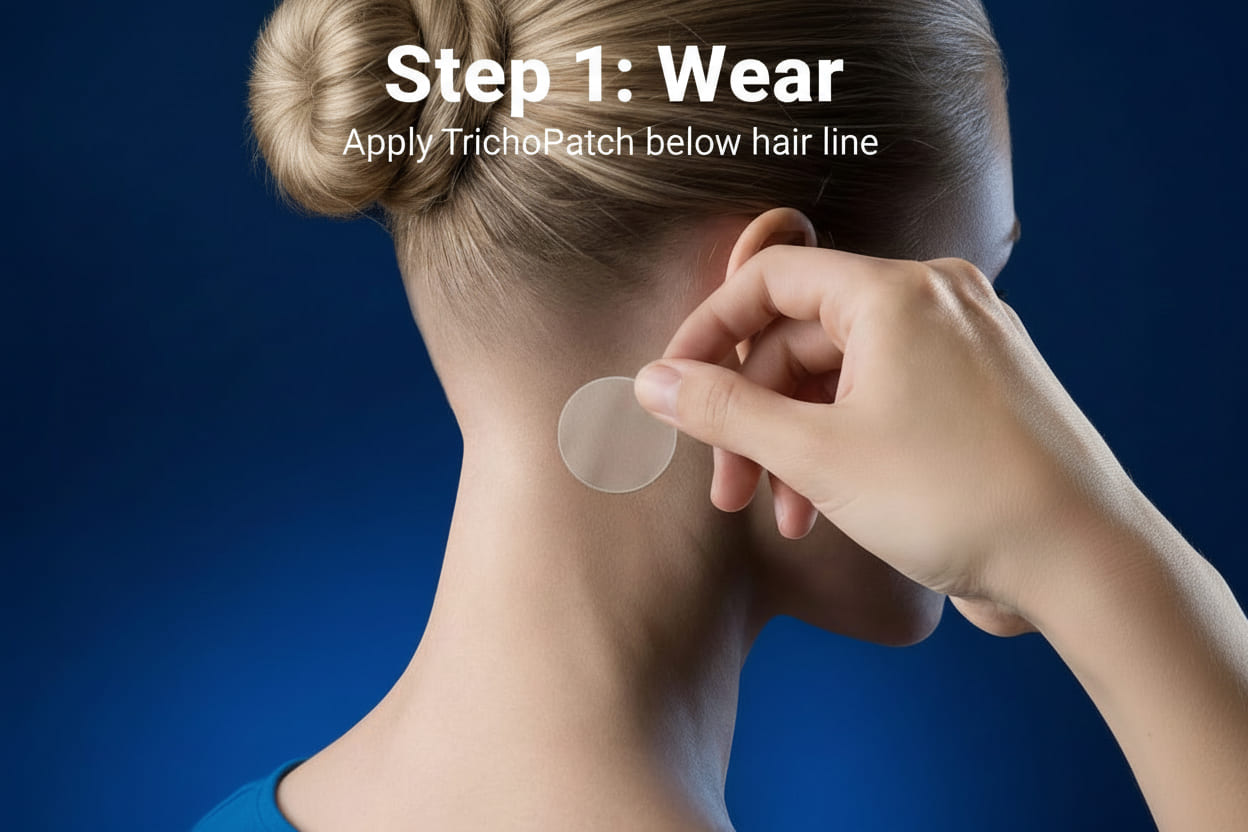 Step 1: Wear. Apply trichopatch below hair line. 